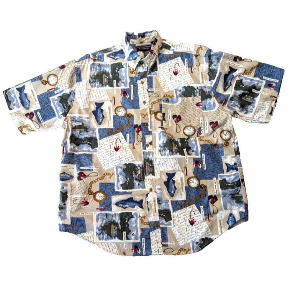 Roundtree & Yorke Mens XL Fly-Fishing Angler Print Short Sleeve Button Up Shirt